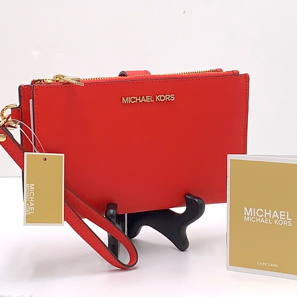 MICHAEL KORS LARGE DOUBLE ZIP WRISTLET WALLET DARK SANGRIA COLOR